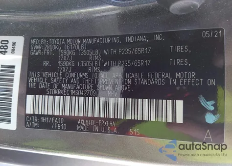 2021 Toyota Sienna Le z USA, uszkodzony, nr VIN 5TDKRKEC1MS042709